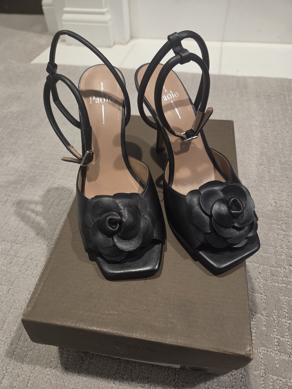 Paolo Black Floral Appliqué Strappy Heels